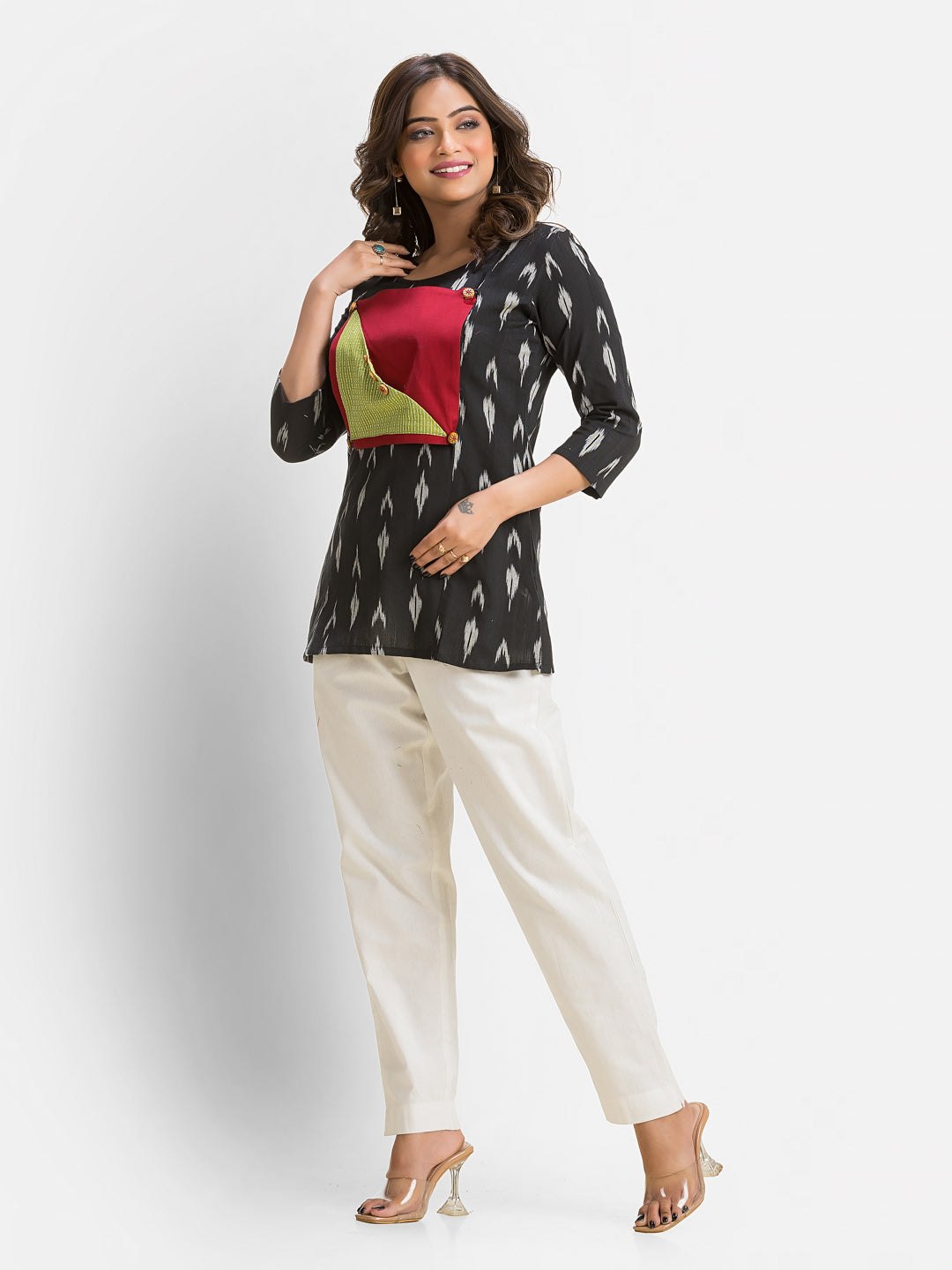 Women's Cotton Ikkat Patchwork Black Top