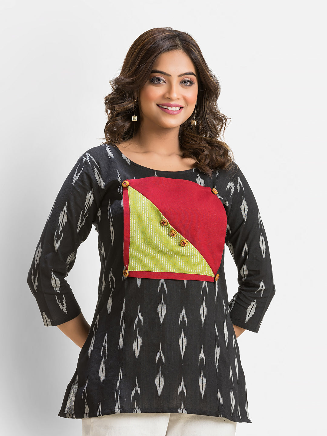 Women's cotton Ikkat patchwork black top with intricate design, stylish and comfortable for casual wear by Crazy Needle Online.