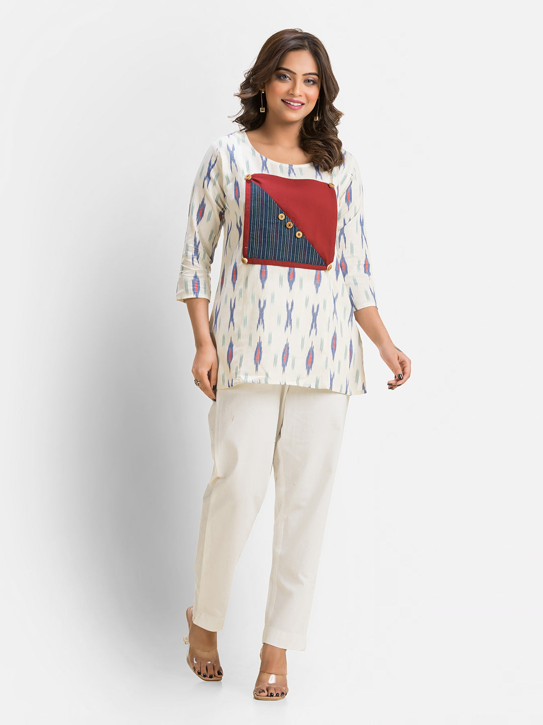Women's Cotton Ikkat Patchwork White Top