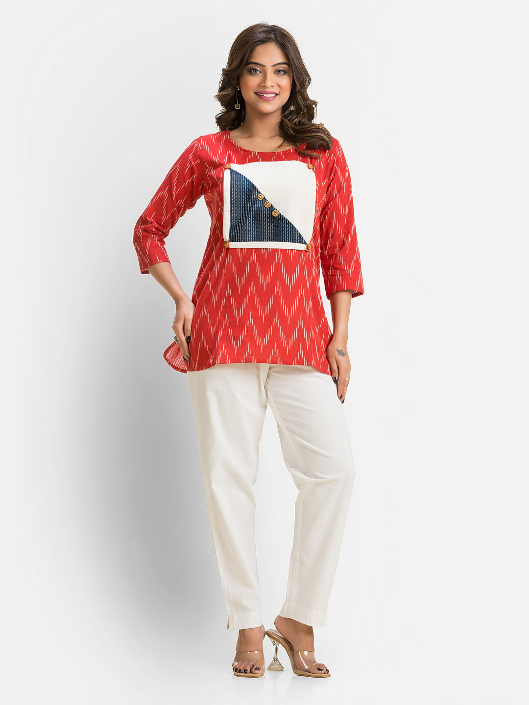 Women's Cotton Ikkat Patchwork Red Top