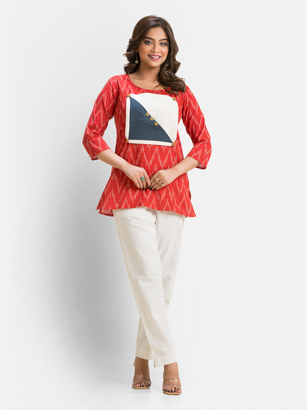 Women's Cotton Ikkat Patchwork Red Top