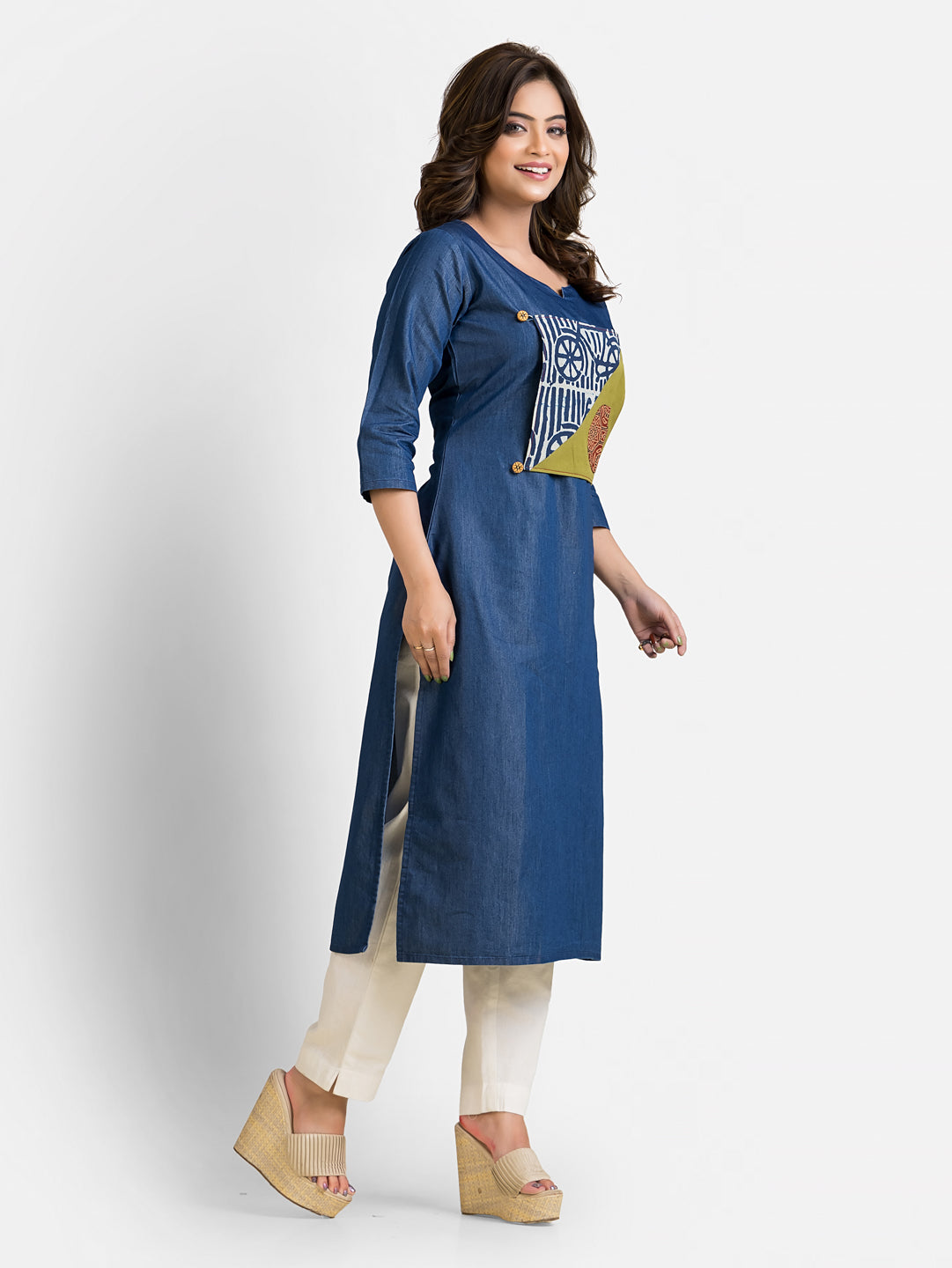 Women's 3/4 Sleeves Detachable Patchwork Denim Blue Kurta