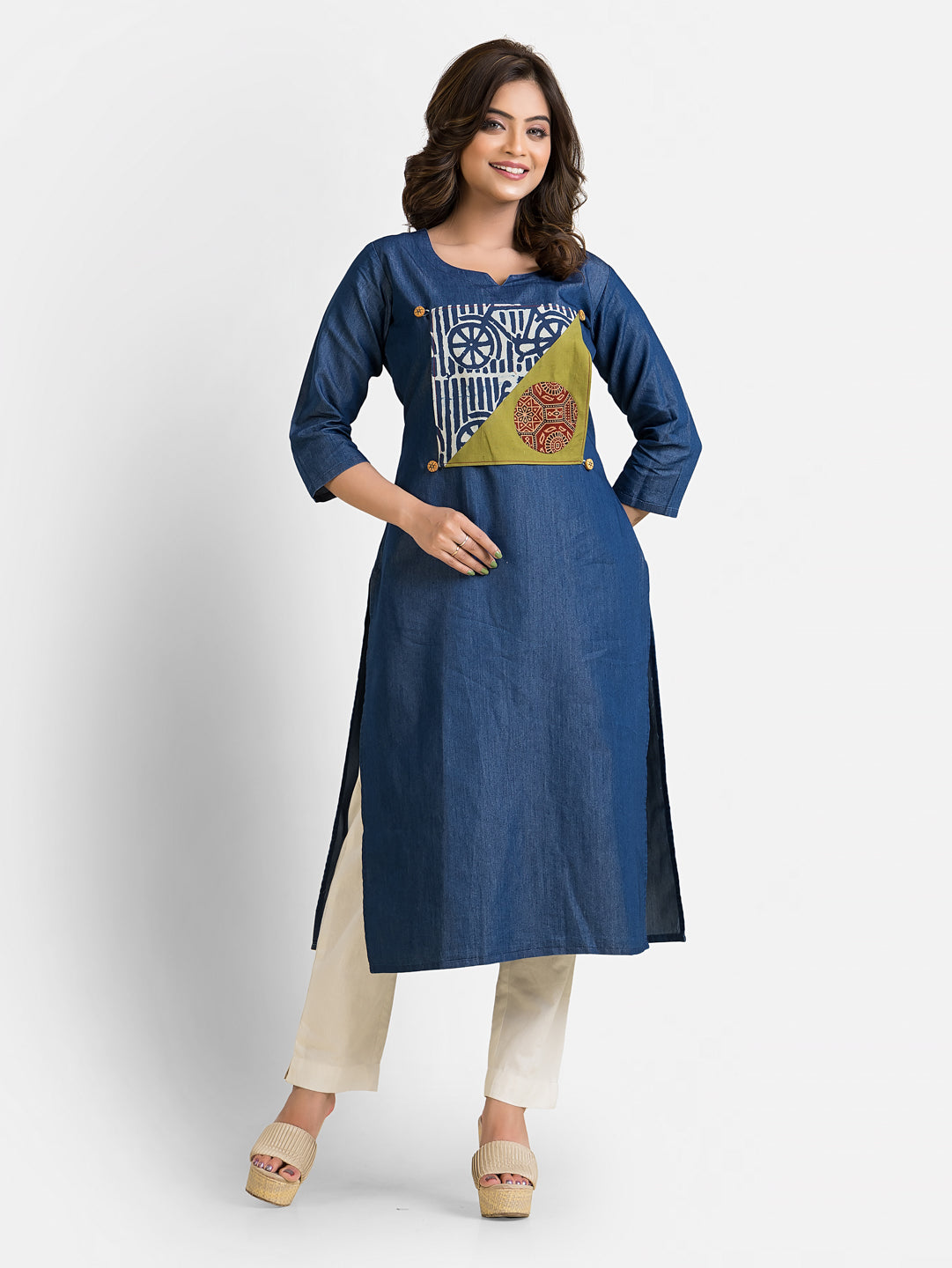 Women's 3/4 Sleeves Detachable Patchwork Denim Blue Kurta