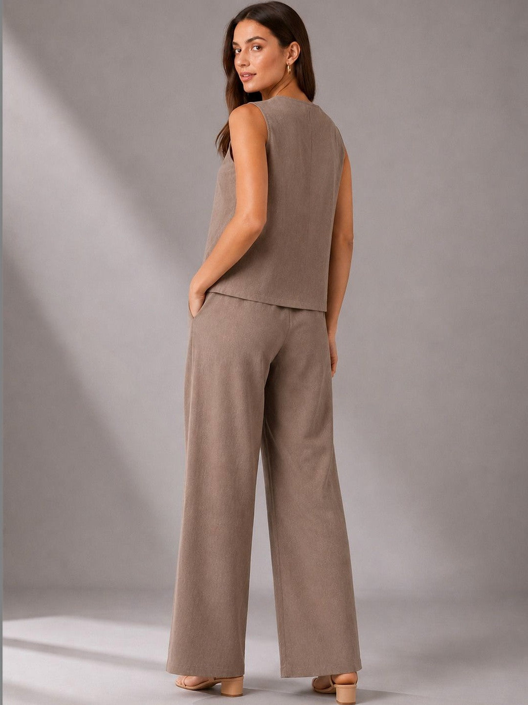Women’s grey embroidered co-ord set with sleeveless top and wide-leg pants by Crazy Needle Online, shown with detailed embroidery.