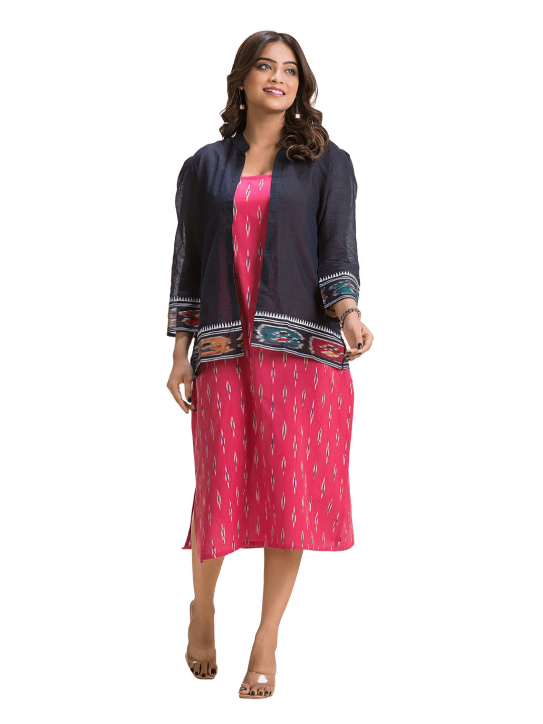 Women's Pink Cotton Dress With Black Dhanikhali Jacket