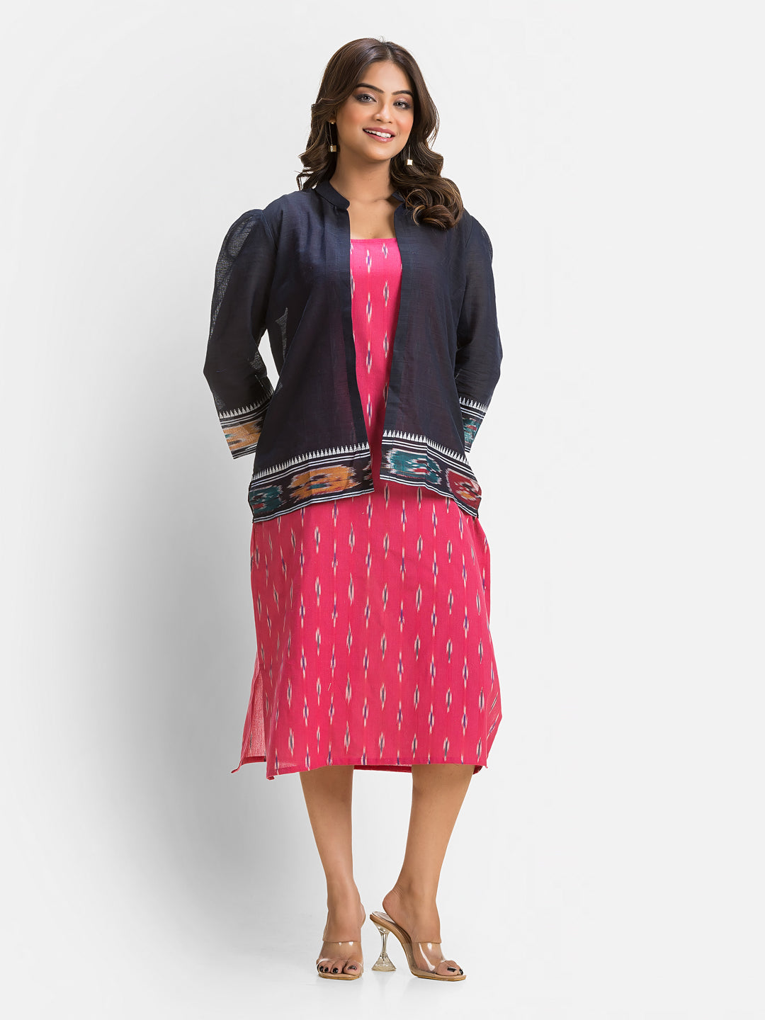Women's Pink Cotton Dress With Black Dhanikhali Jacket
