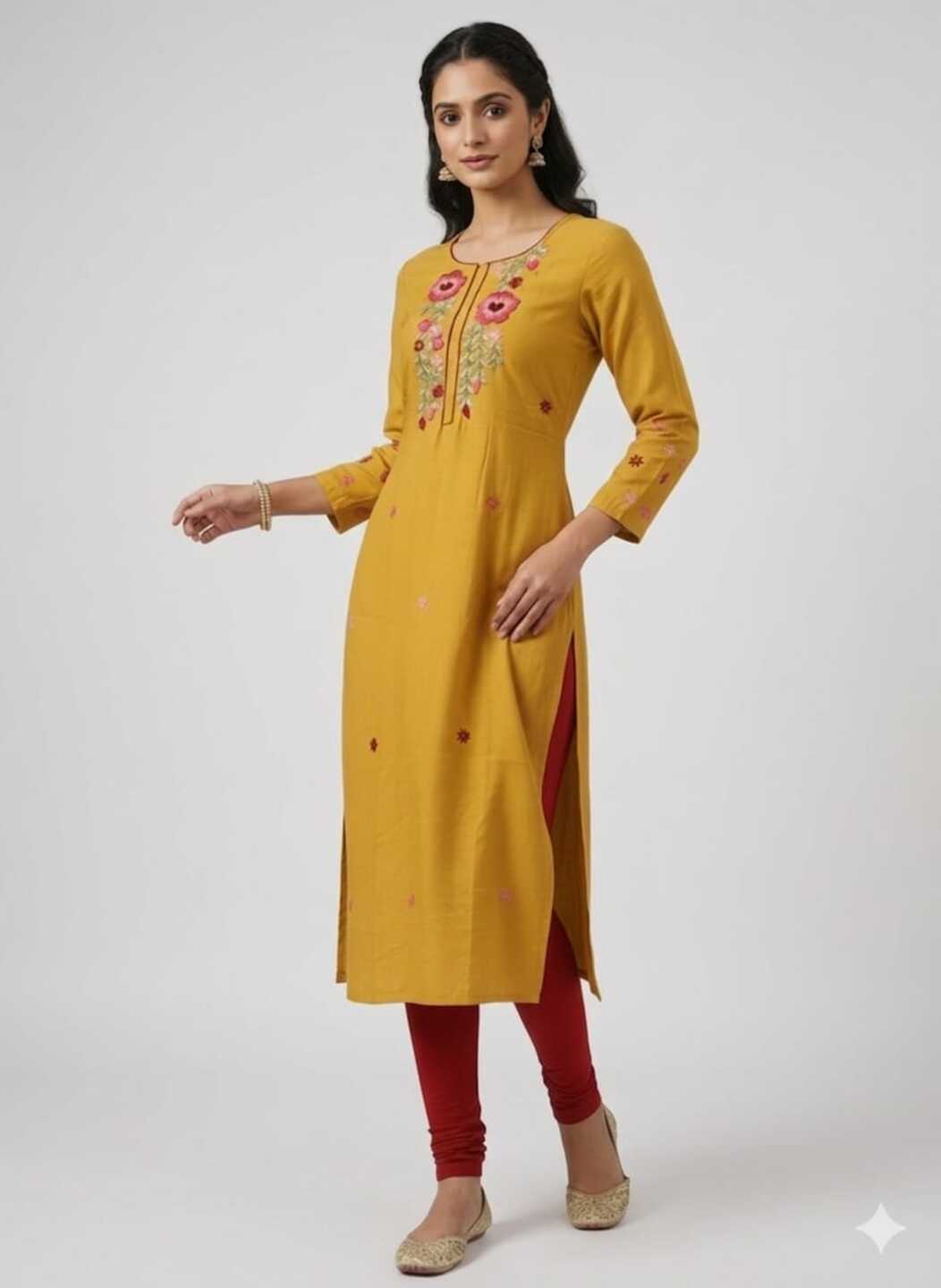 Women's Yellow Round Neck Kurti