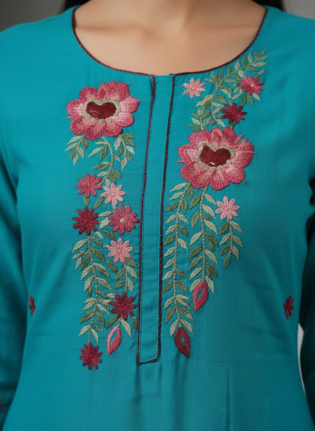 Women's blue round neck kurti by Crazy Needle Online, showcasing the stylish kurta with a round neckline and comfortable fit.
