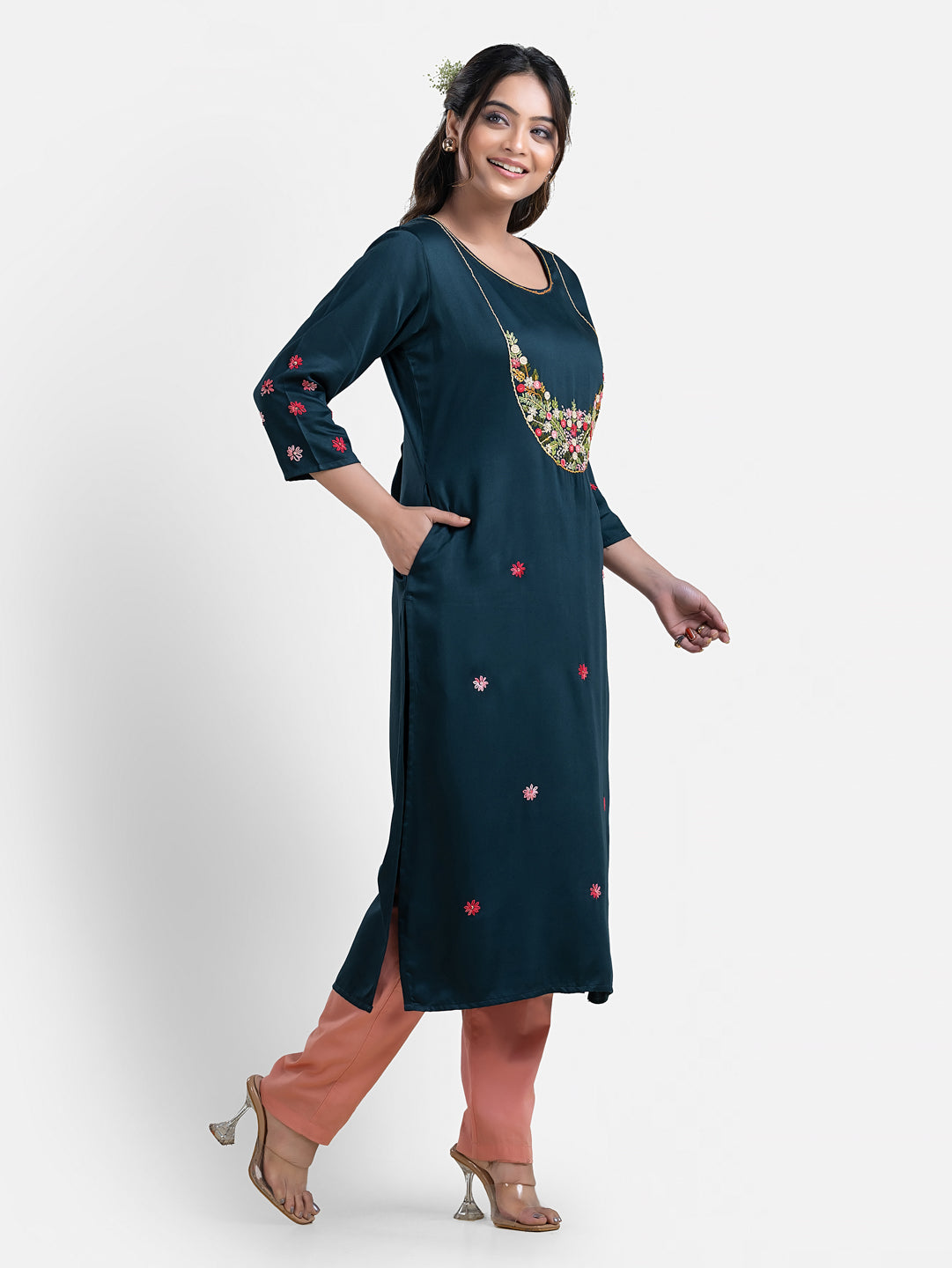 Women's 3/4th Sleeves Thread Work Blue Kurti