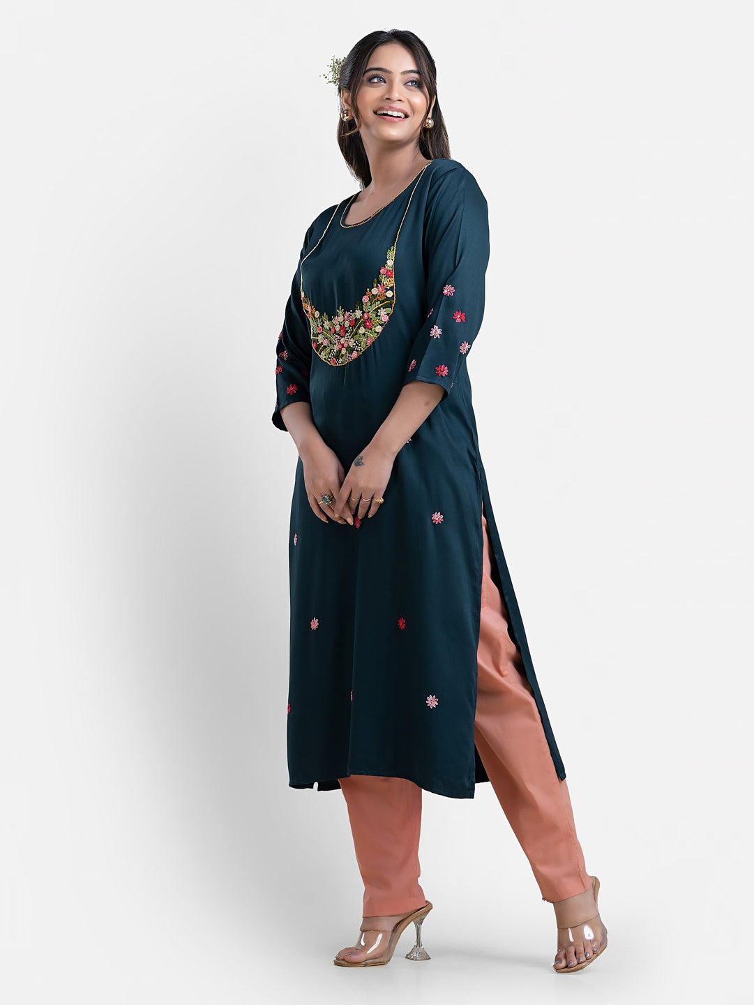 Women's 3/4th Sleeves Thread Work Blue Kurti