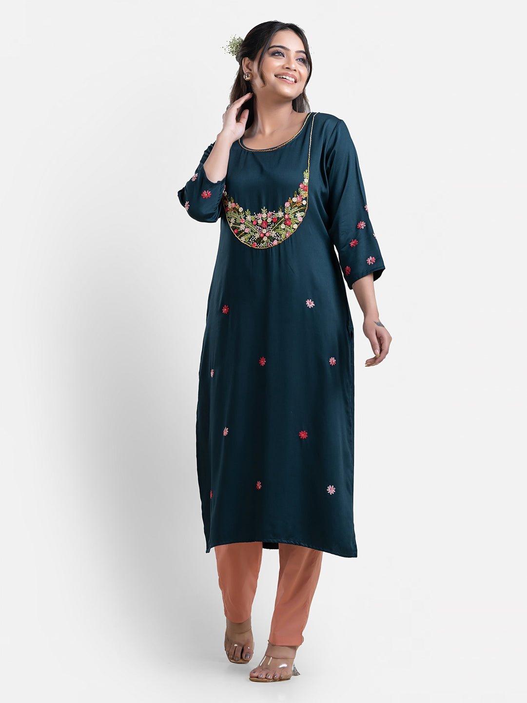 Women's 3/4th Sleeves Thread Work Blue Kurti