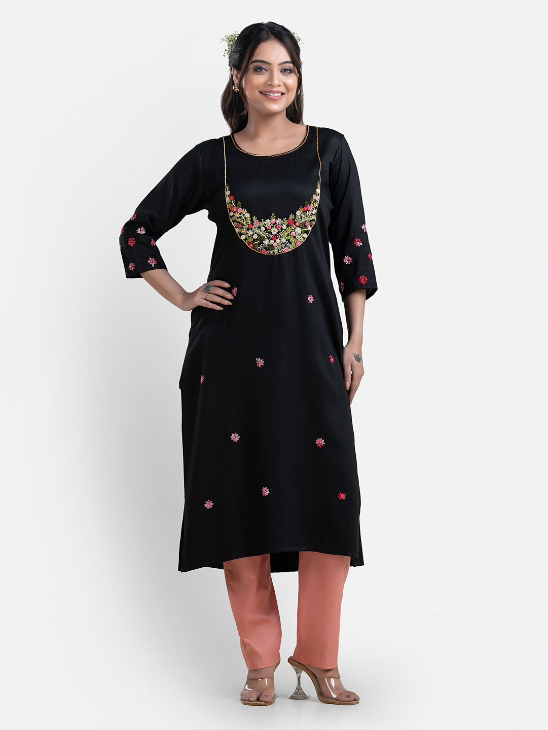Women's 3/4th Sleeves Thread Work Black Kurti