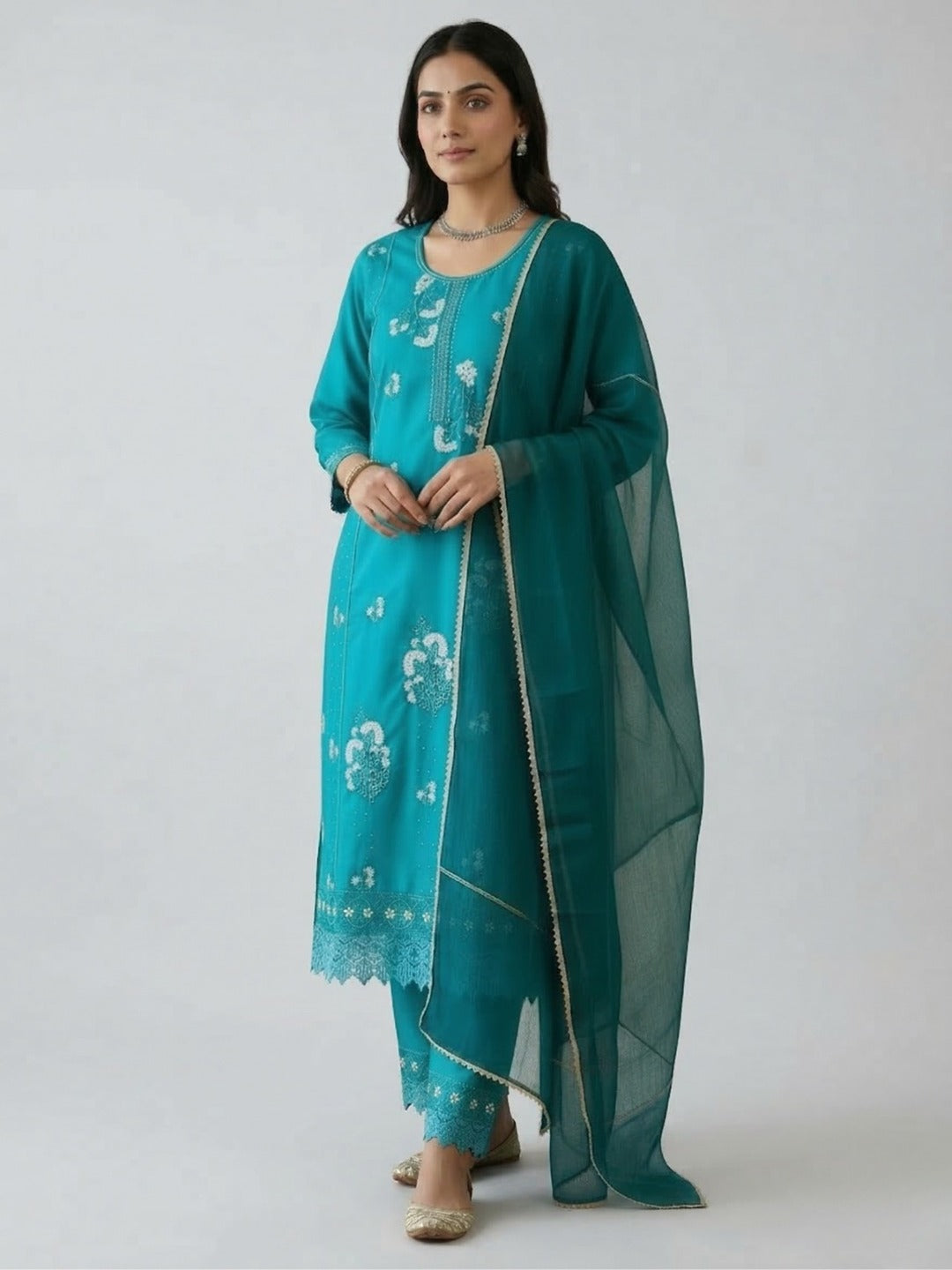 Sky blue women's kurti and pant set with dupatta by Crazy Needle Online, featuring intricate thread work and traditional design.