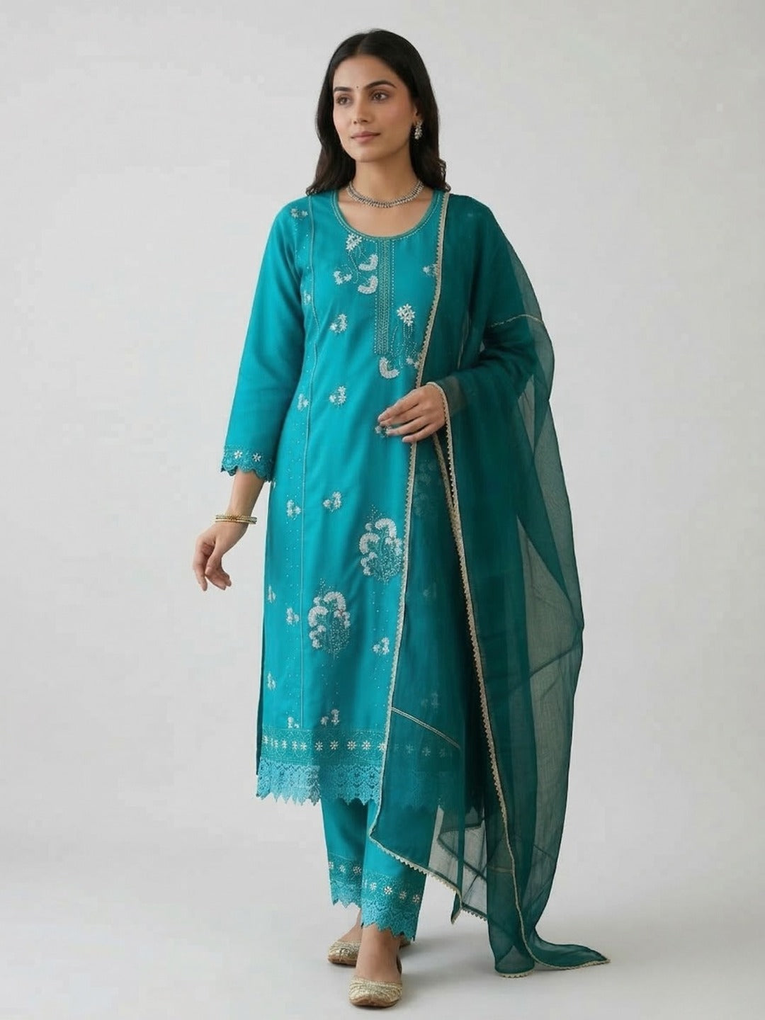 Sky blue women's kurti pant set with dupatta by Crazy Needle Online, featuring traditional thread work and vibrant fabric.