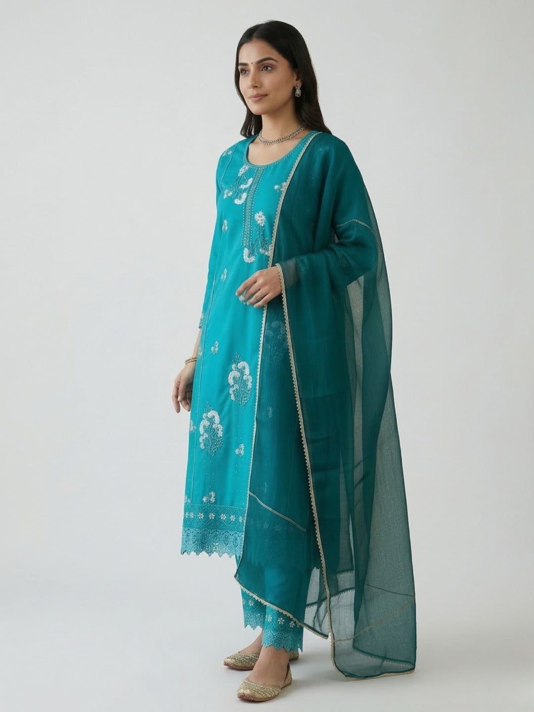 Sky blue women's kurti and pant set with dupatta, featuring intricate thread work, shown in three images from Crazy Needle Online.