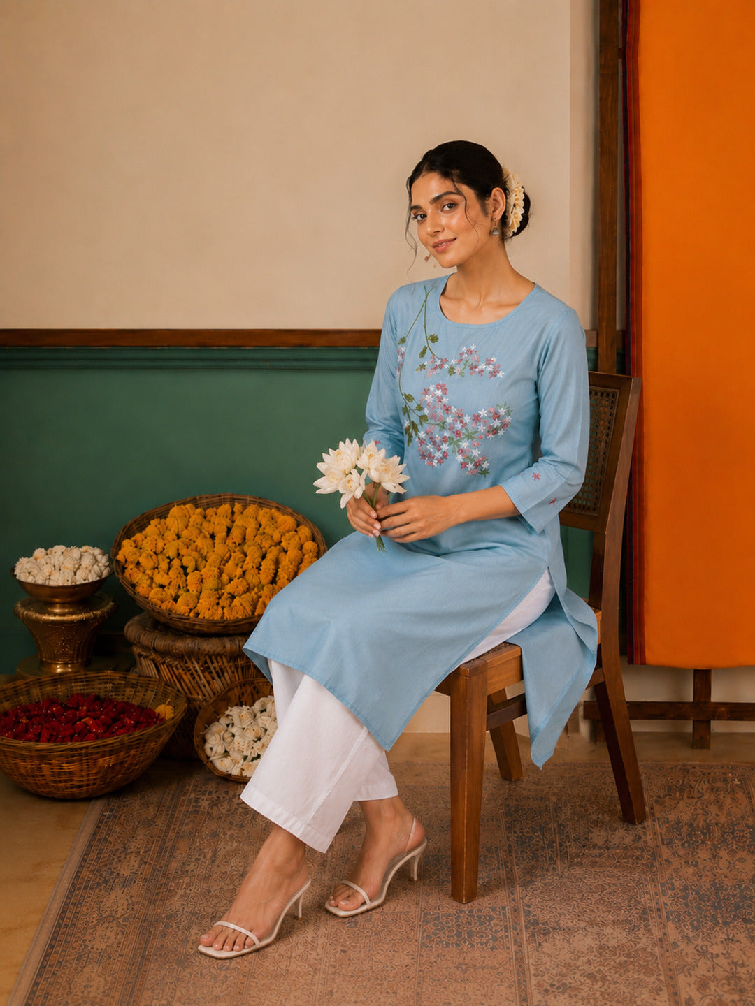 Women's Floral Embroidered Blue Kurta