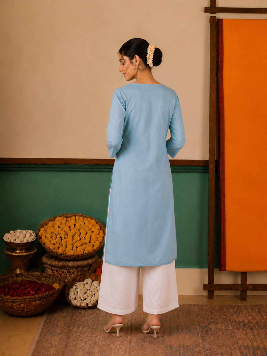 Women's Floral Embroidered Blue Kurta