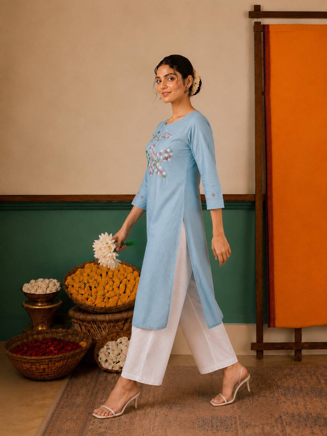 Women's Floral Embroidered Blue Kurta