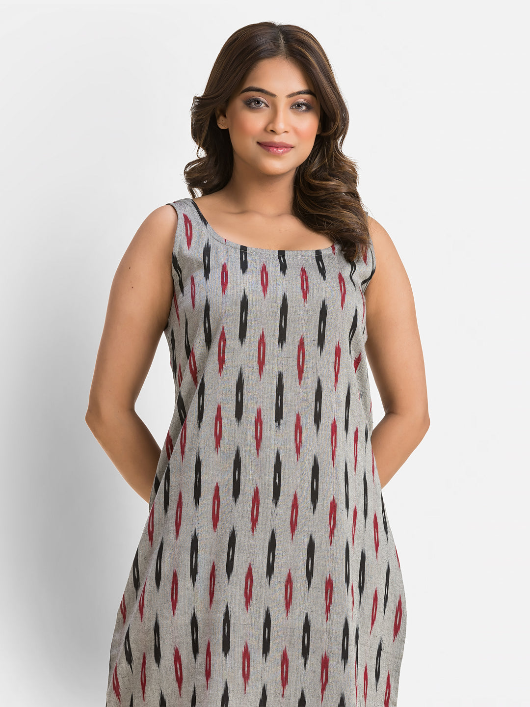 Women's Grey Cotton Dress With Wine Dhanikhali Jacket