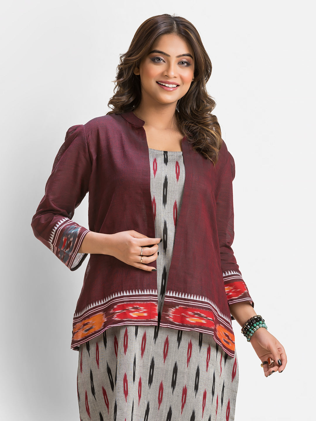 Women's Grey Cotton Dress With Wine Dhanikhali Jacket
