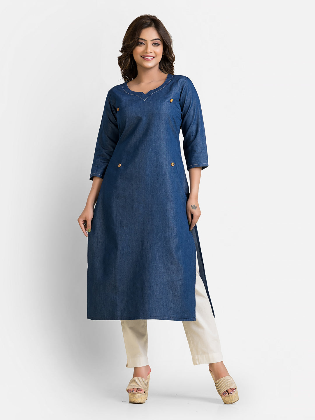 Women's Detachable Patchwork Print Denim Blue Kurta