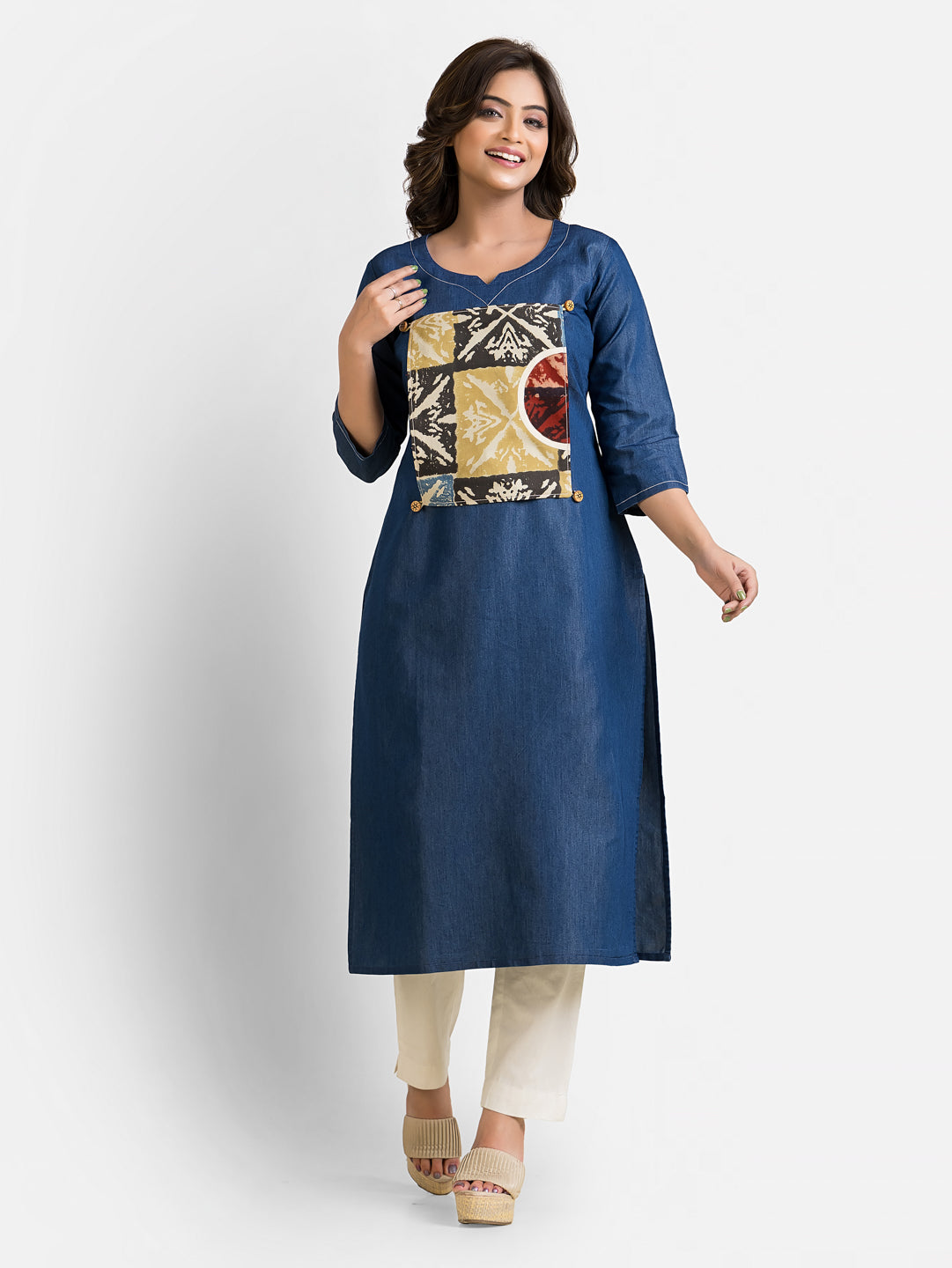 Women's Ajrakh Patchwork Denim Blue Kurta