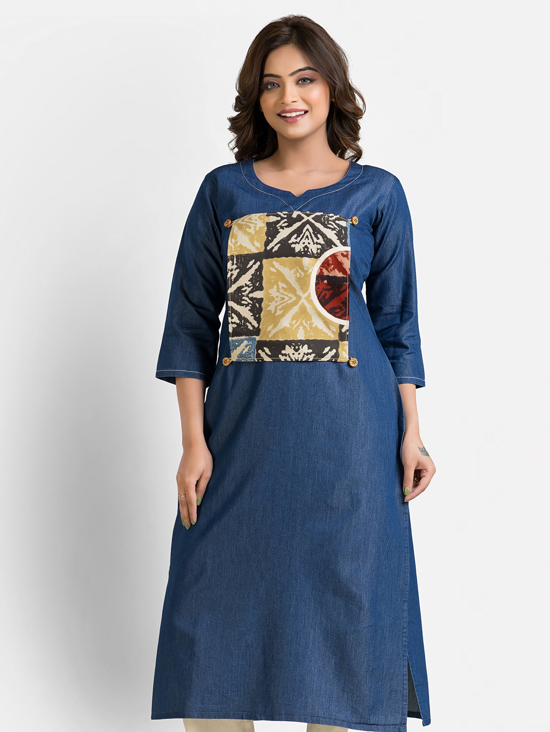 Women's Ajrakh Patchwork Denim Blue Kurta
