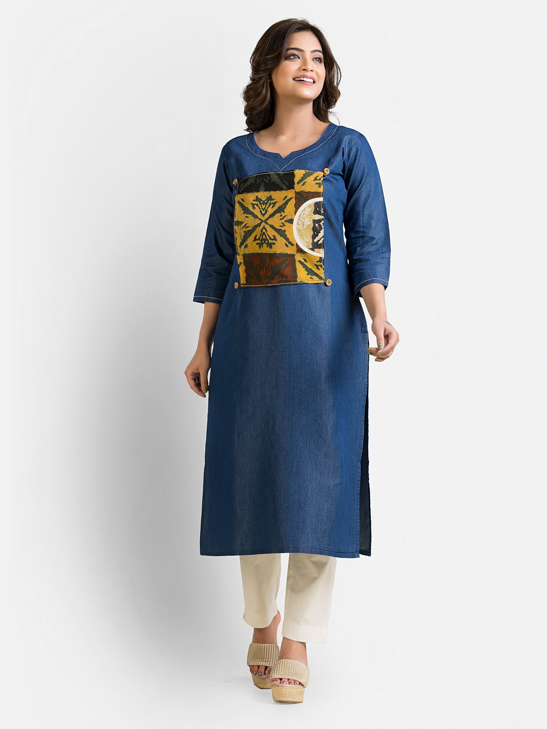 Women's Ajrakh Patchwork Denim Kurta