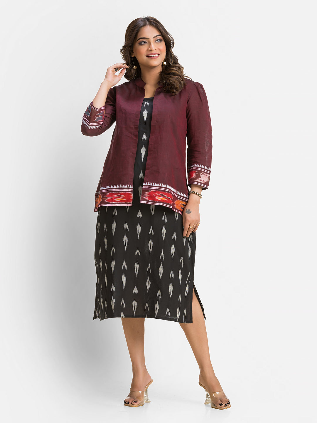 Women's Black Cotton Dress With Wine Dhanikhali Jacket