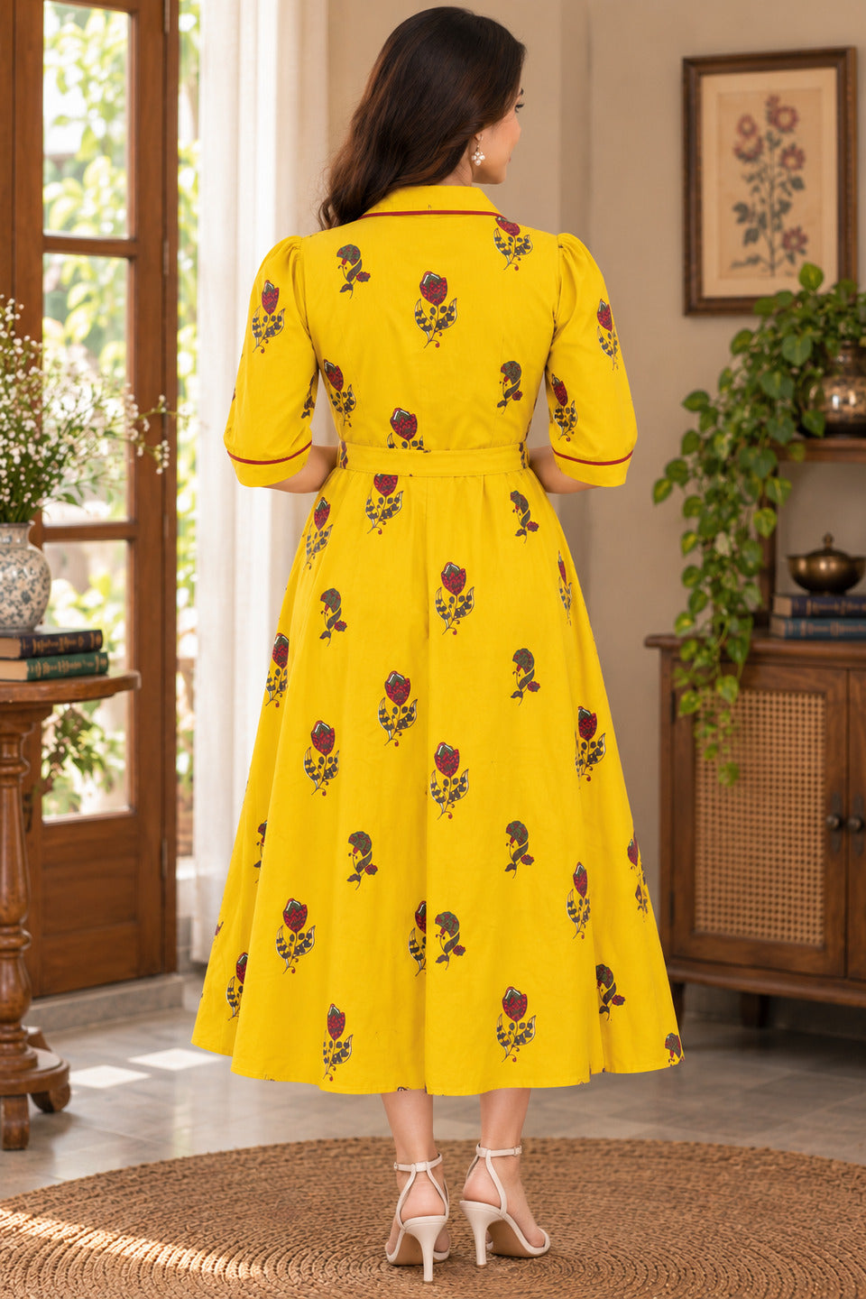Women's Yellow Lapel Collar Dress