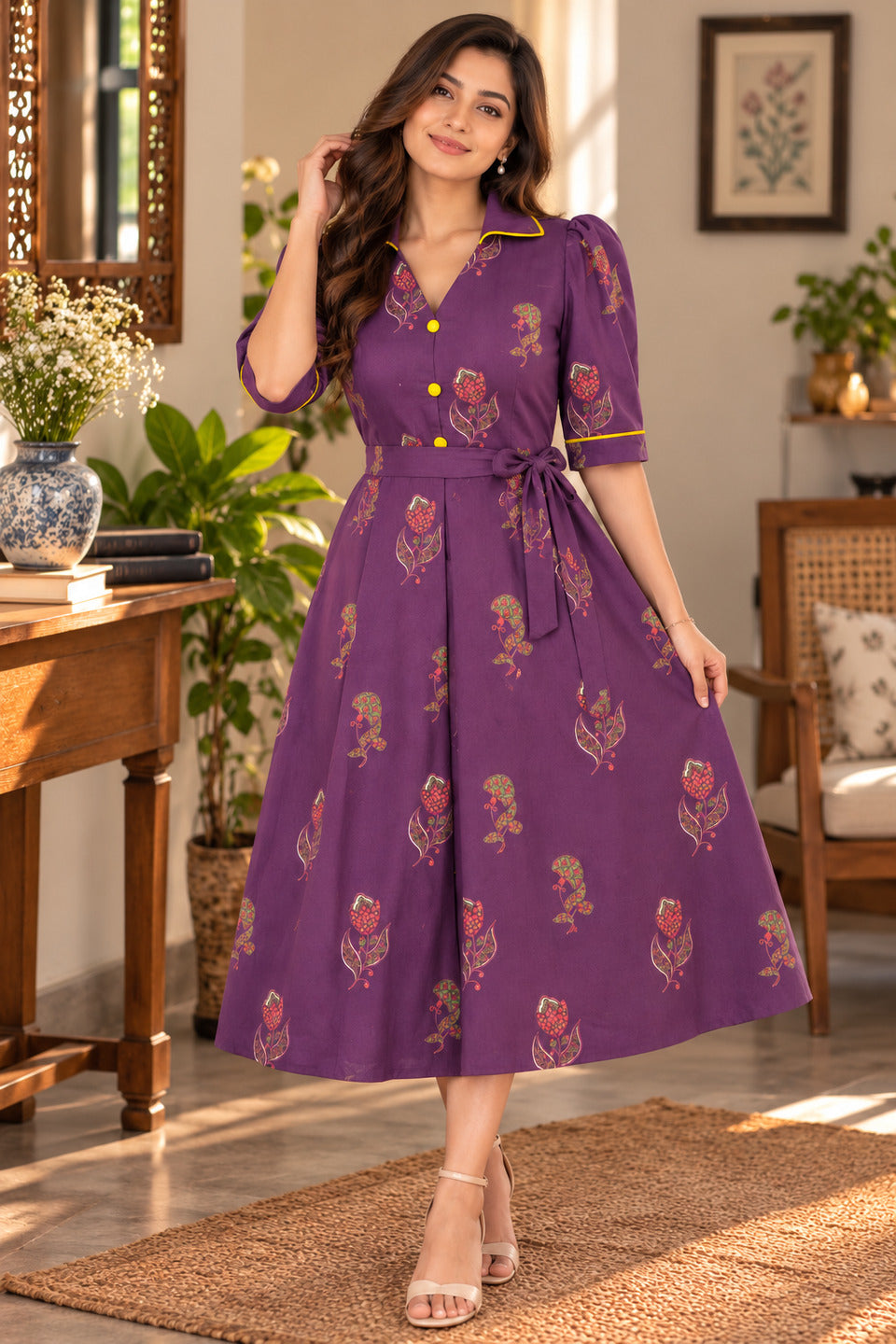 Women's Purple Lapel Collar Dress