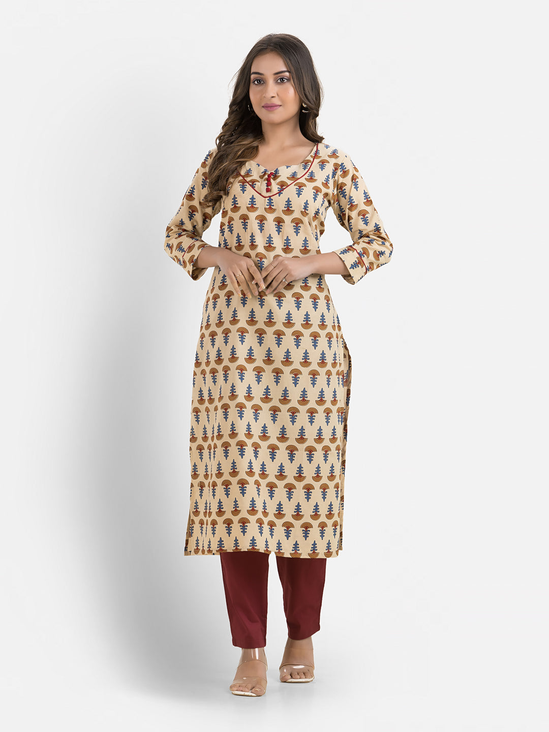 Women's Cotton Sweet Heart Neck Light Beige Kurta