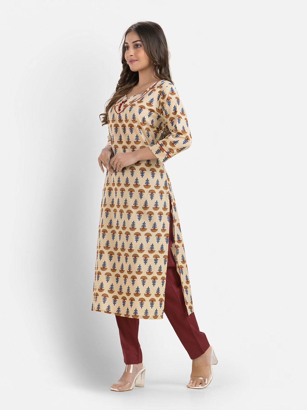 Women's Cotton Sweet Heart Neck Light Beige Kurta