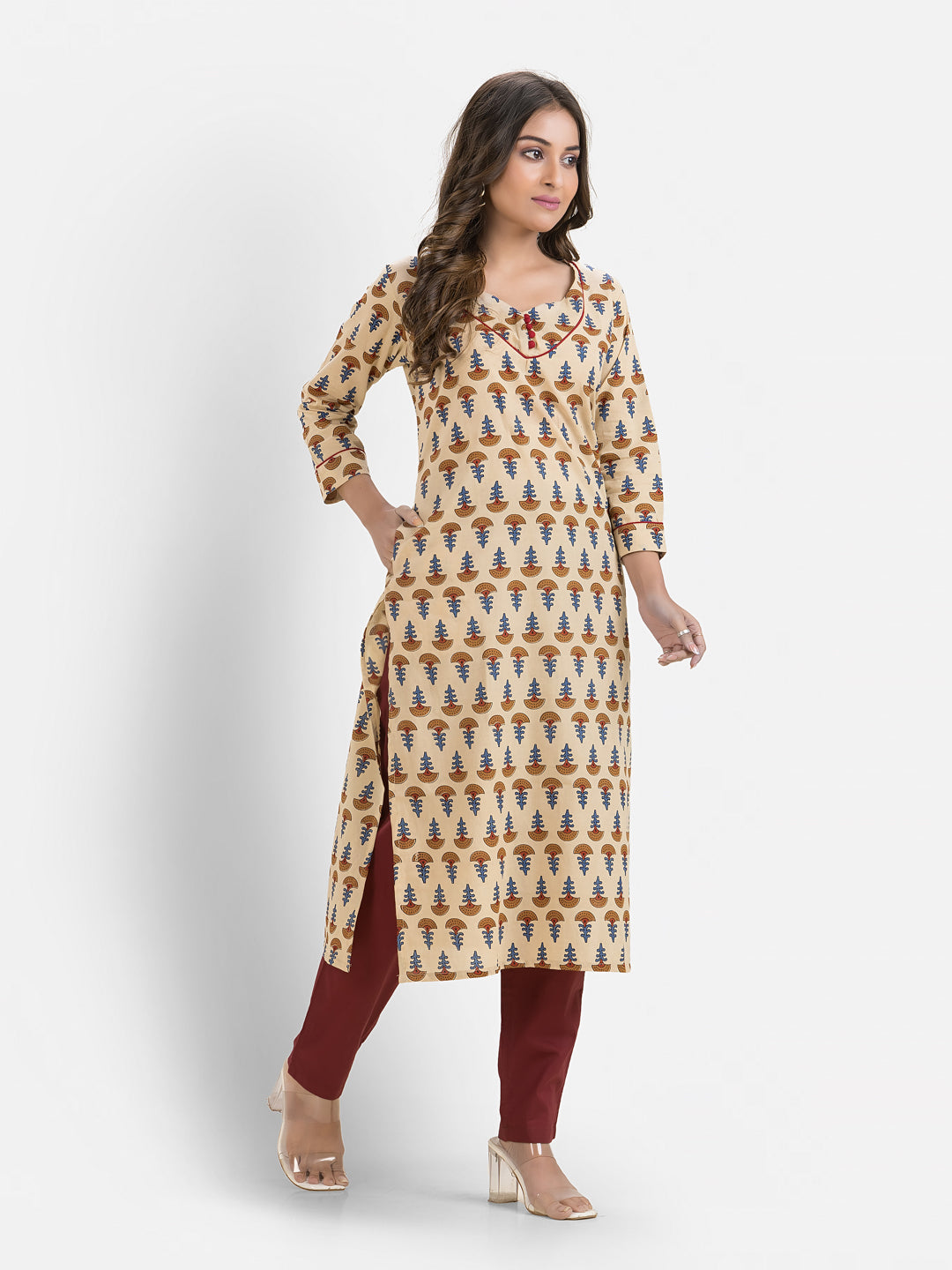 Women's Cotton Sweet Heart Neck Light Beige Kurta