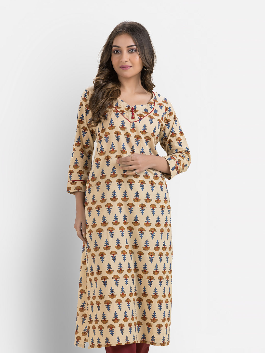 Women's Cotton Sweet Heart Neck Light Beige Kurta