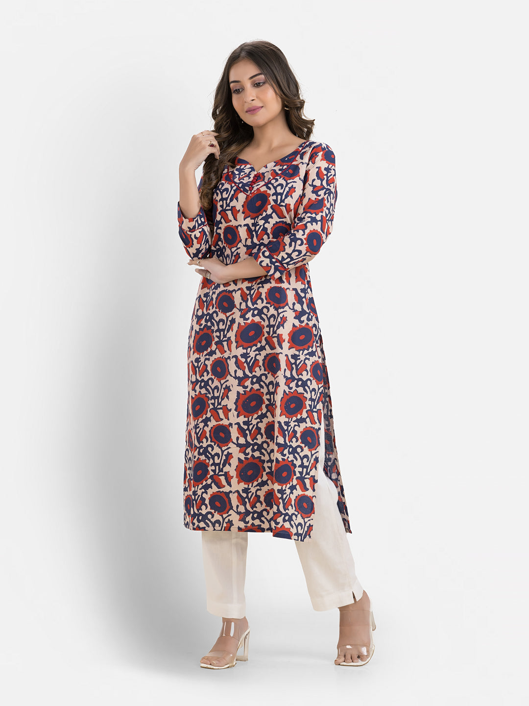 Women's Sweet Heart Neck Cotton Blue Kurta