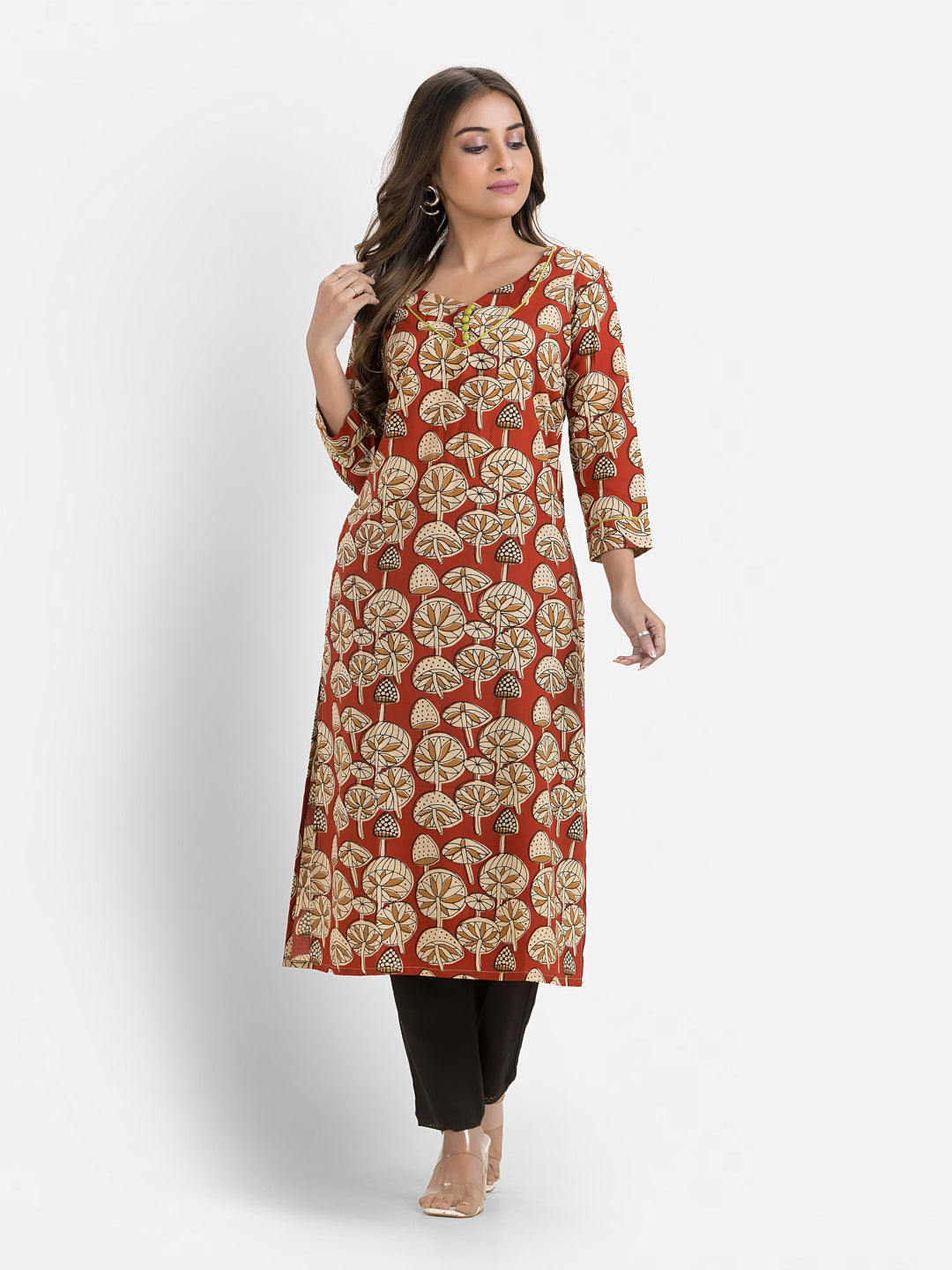 Women's Cotton Sweet Heart Neck Red Kurta