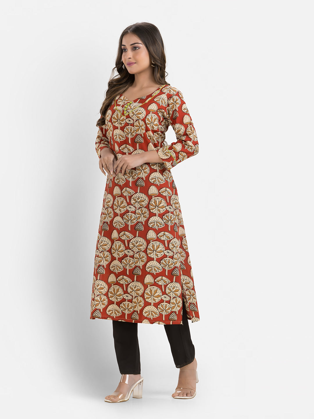 Women's Cotton Sweet Heart Neck Red Kurta