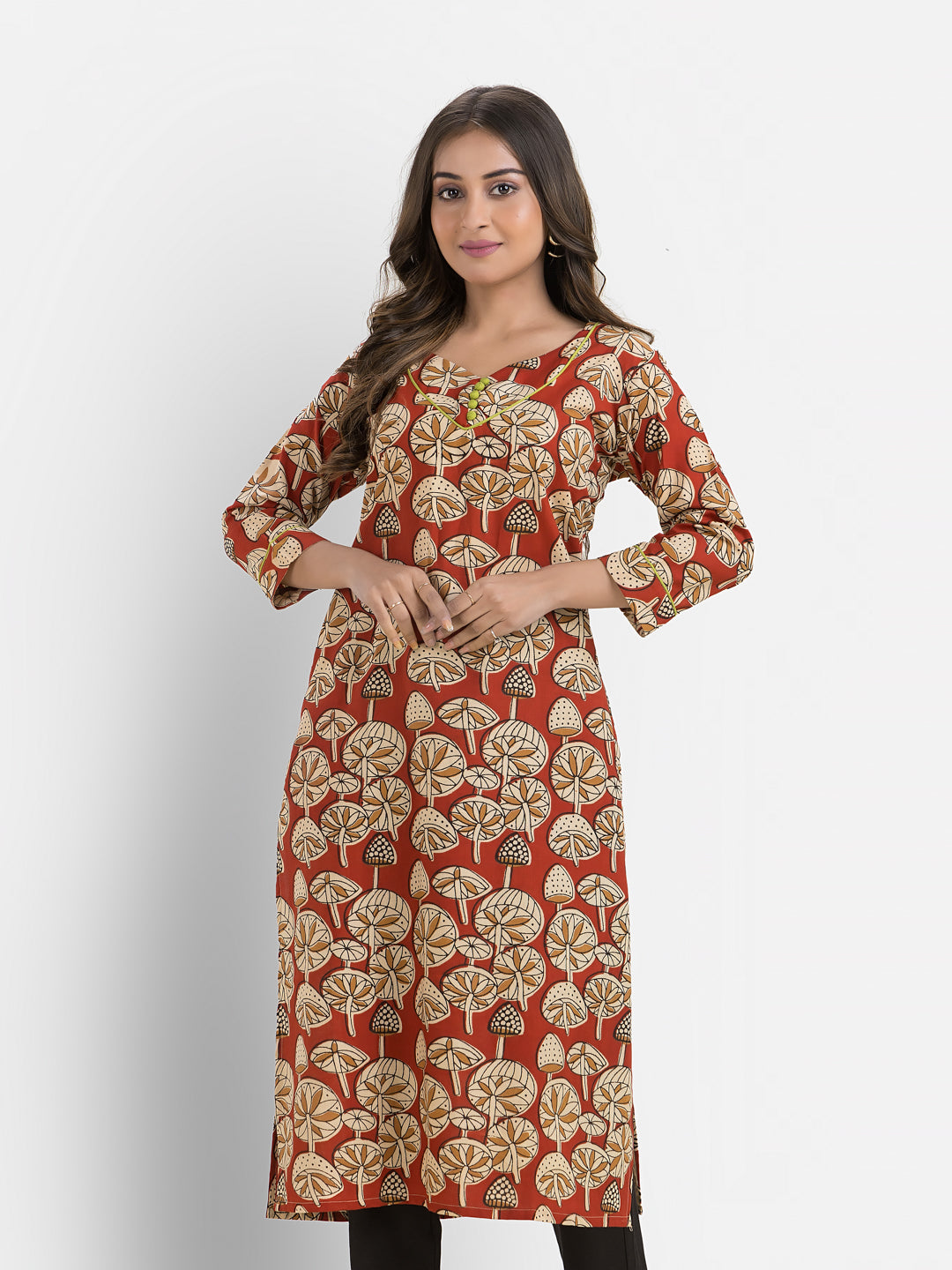 Women's Cotton Sweet Heart Neck Red Kurta