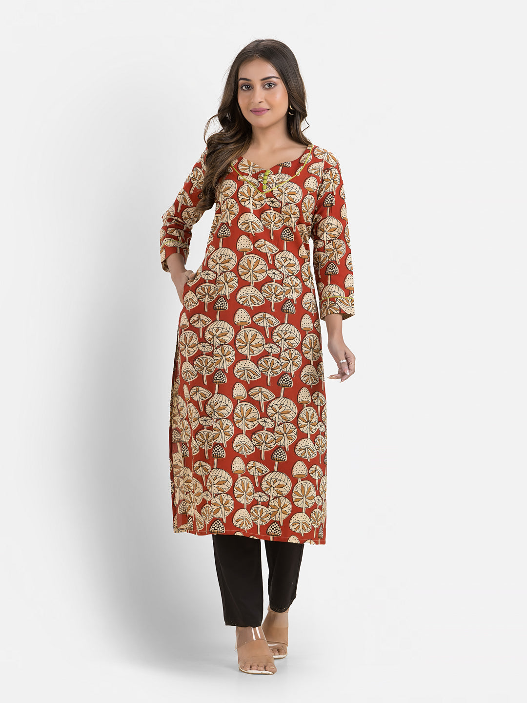 Women's Cotton Sweet Heart Neck Red Kurta