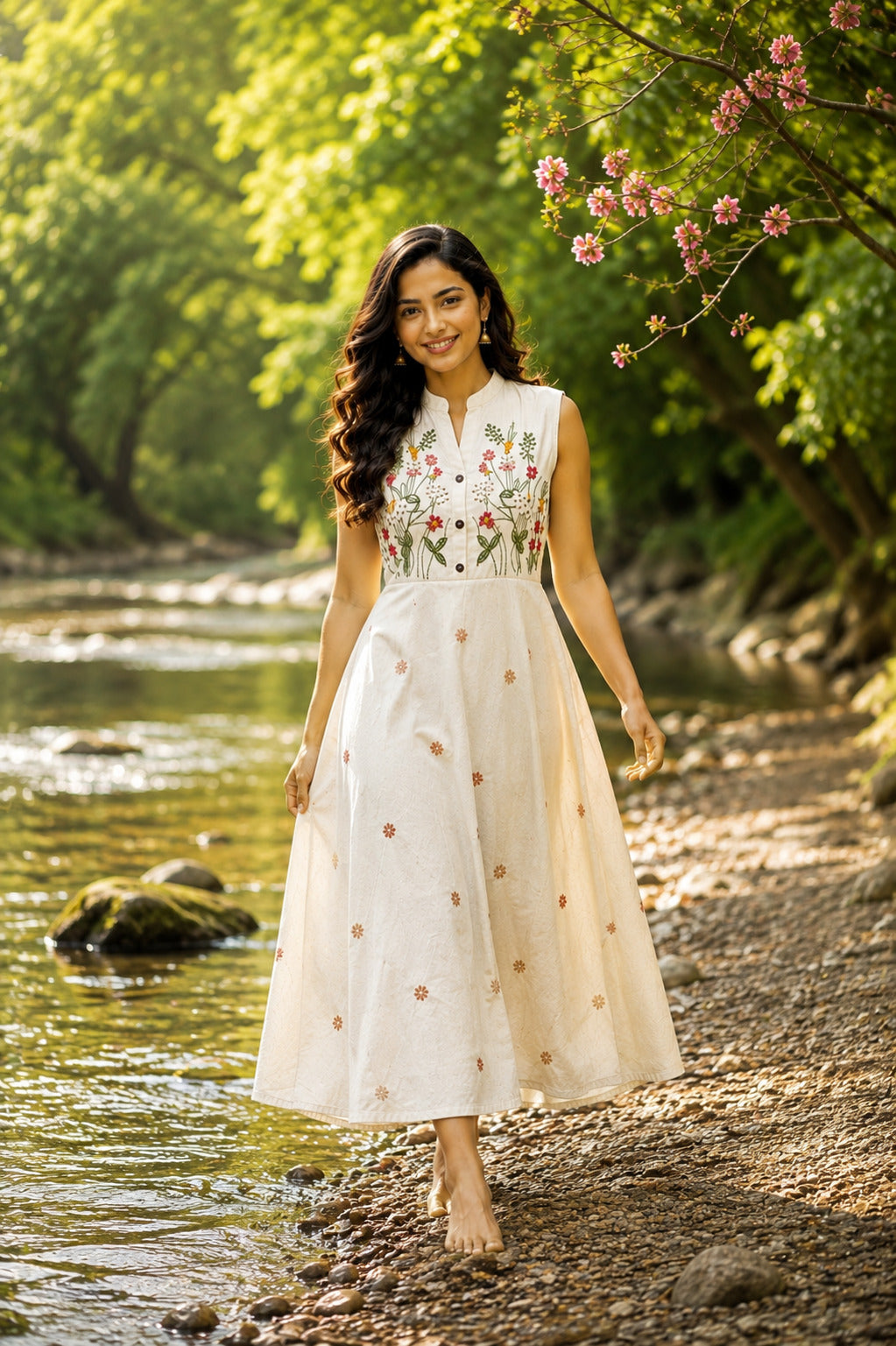 Women's White Floral Embroidered Halterneck Dress