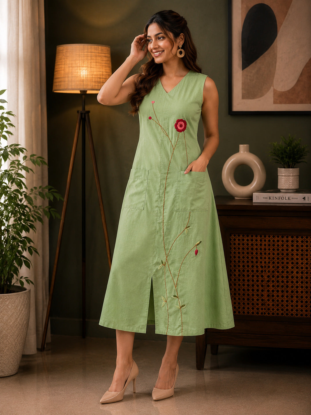 Women's embroidered green dress from Crazy Needle Online, featuring intricate embroidery and a stylish festive design.