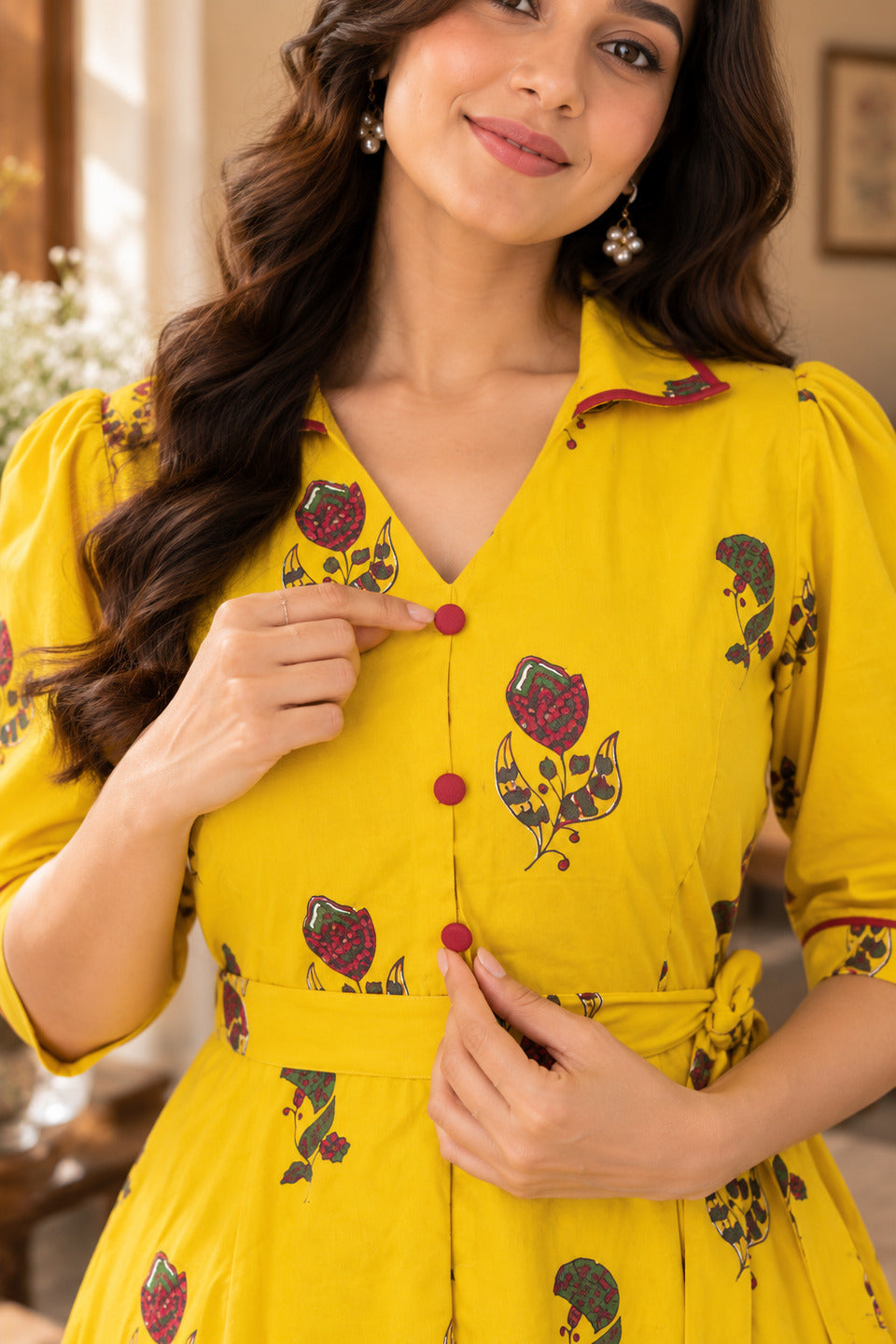 Women's Yellow Lapel Collar Dress
