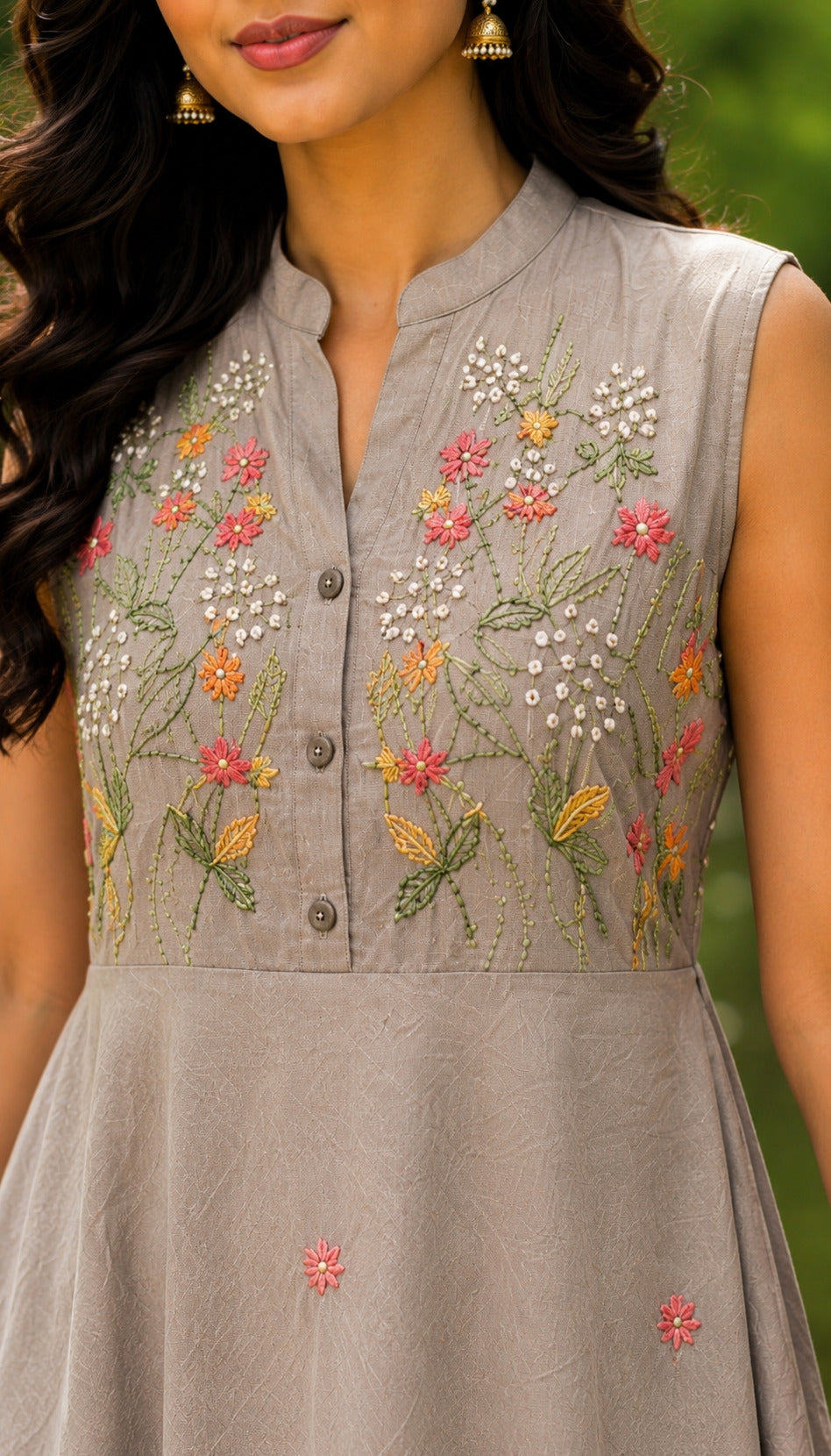 Women's Grey Floral Embroidered Halterneck Dress