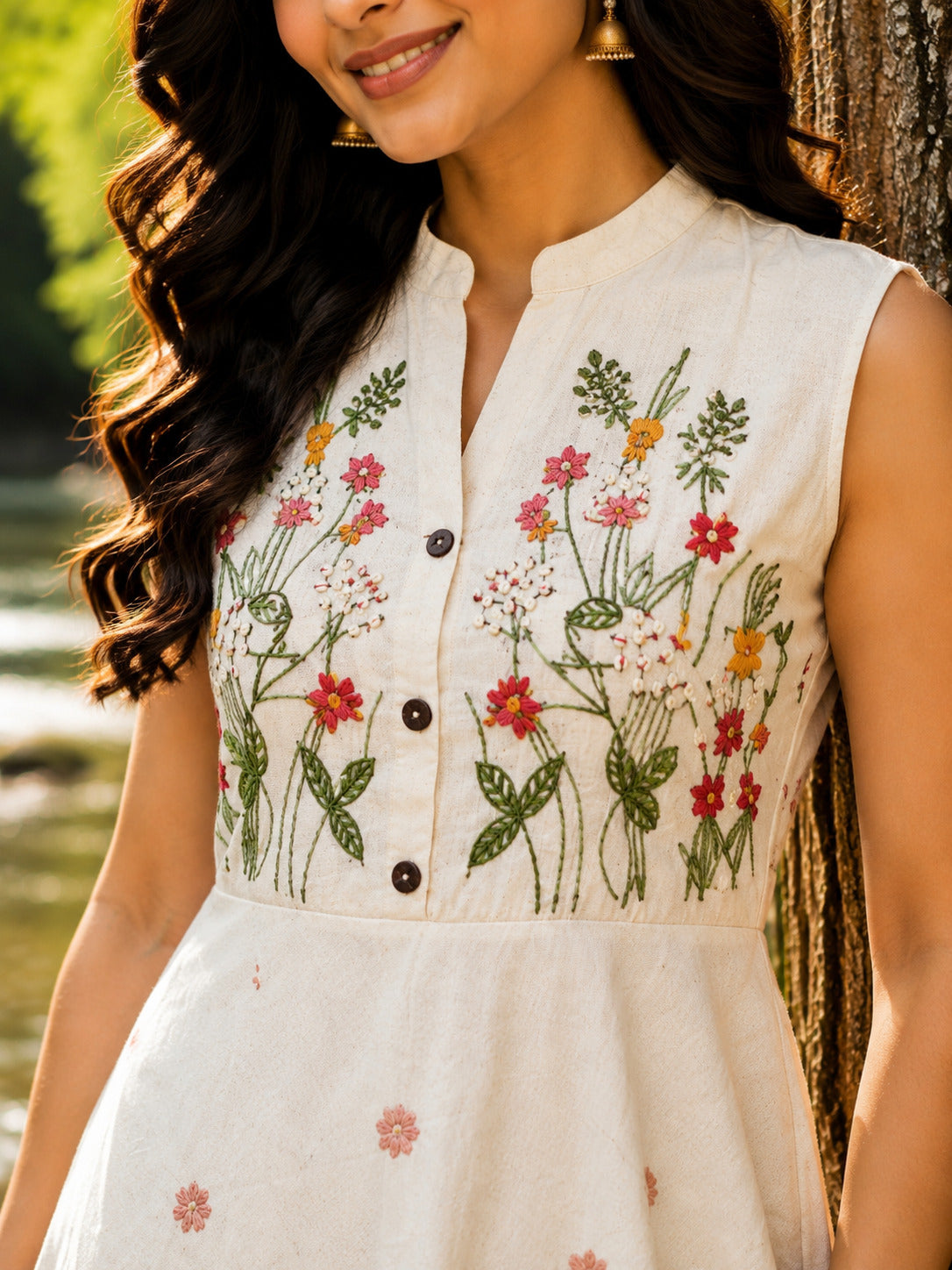 Women's White Floral Embroidered Halterneck Dress