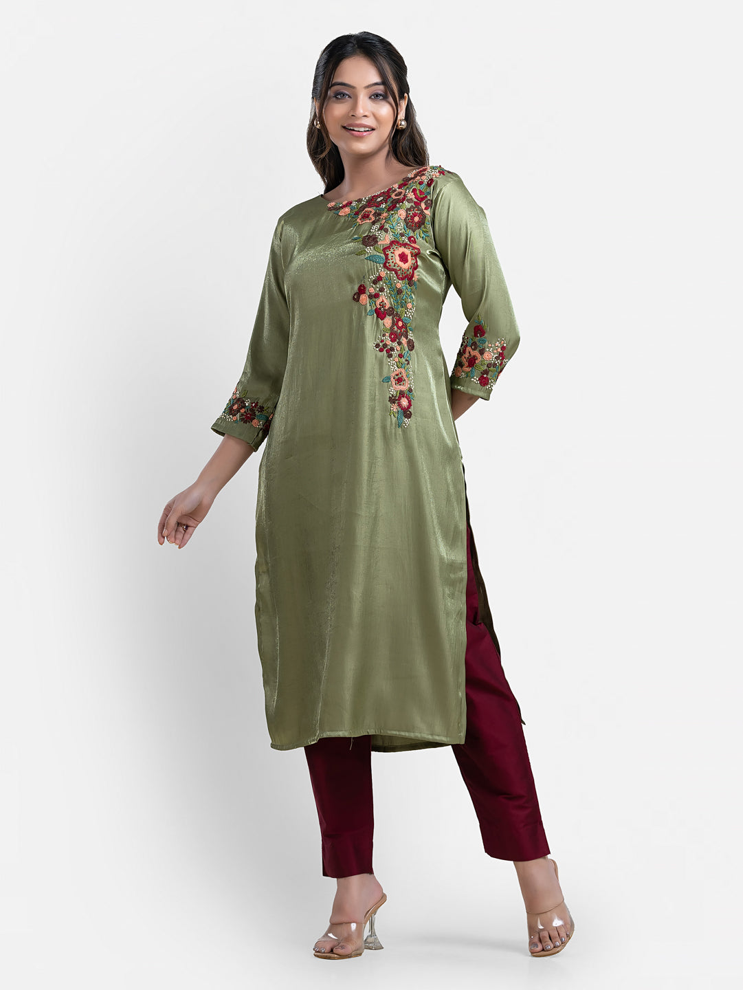 Women's 3/4th Sleeves Thread Work Bottle Green Kurti