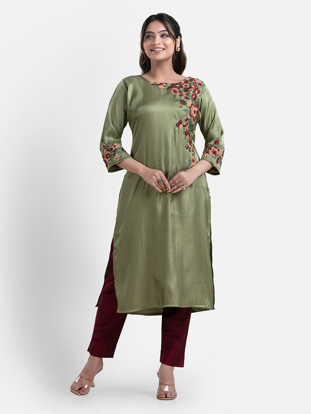 Women's 3/4th Sleeves Thread Work Bottle Green Kurti
