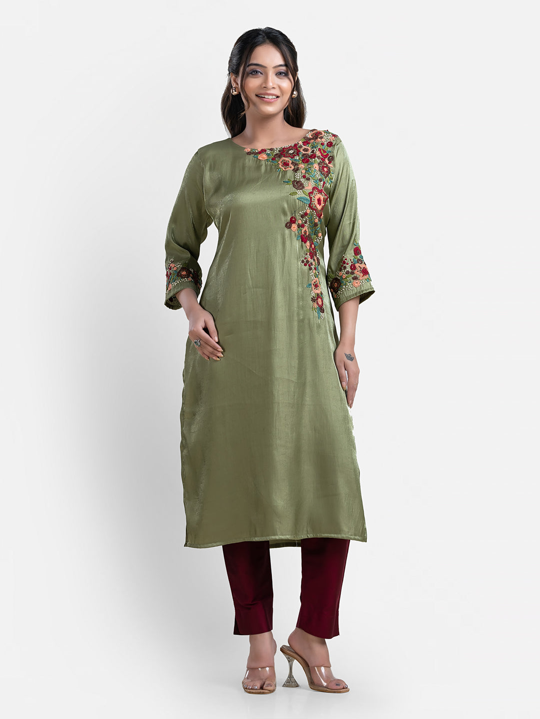 Women's 3/4th Sleeves Thread Work Bottle Green Kurti