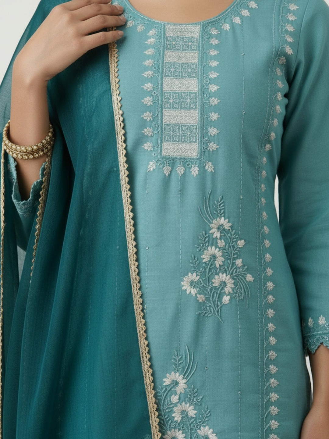 Three images of women's green handwork kurti pant set with dupatta by Crazy Needle Online, showcasing detailed embroidery and traditional style.