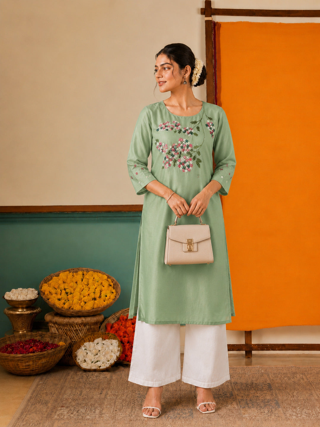 Women's Floral Embroidered Green Kurta